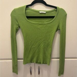 Lime Green Ribbed Long-Sleeve Scoop Neck Top